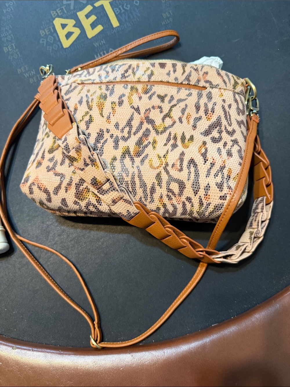 HOBO Leopard Print Crossbody with Tan Leather Trim